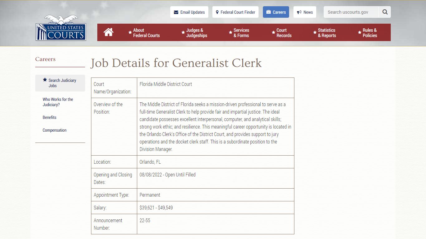 Job Details for Generalist Clerk | United States Courts